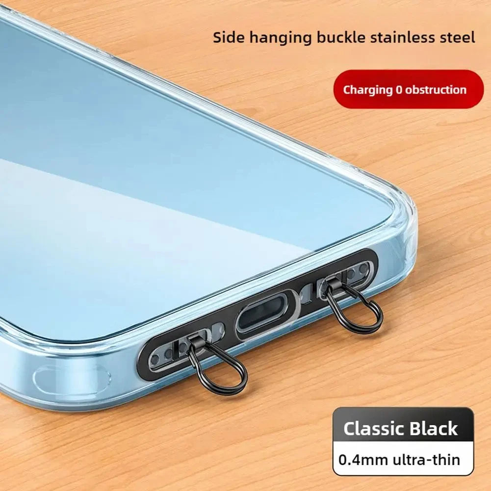 Ultra Thin Metal Mobile Phone Lanyard Patch Stainless Steel Card Anti Lost Hanging Rope Tab Double Buckle Replacement Gasket Quake black Metal