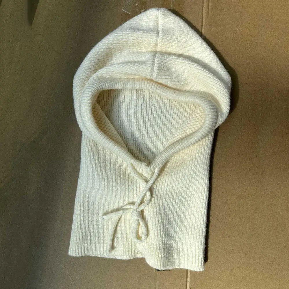 Winter Knitted Hooded Scarf Hat Warm Balaclava Hats Outdoor Ear Protection Beanies Solid Color Warm Drawstring Mask Scarf Cover Quake Beige