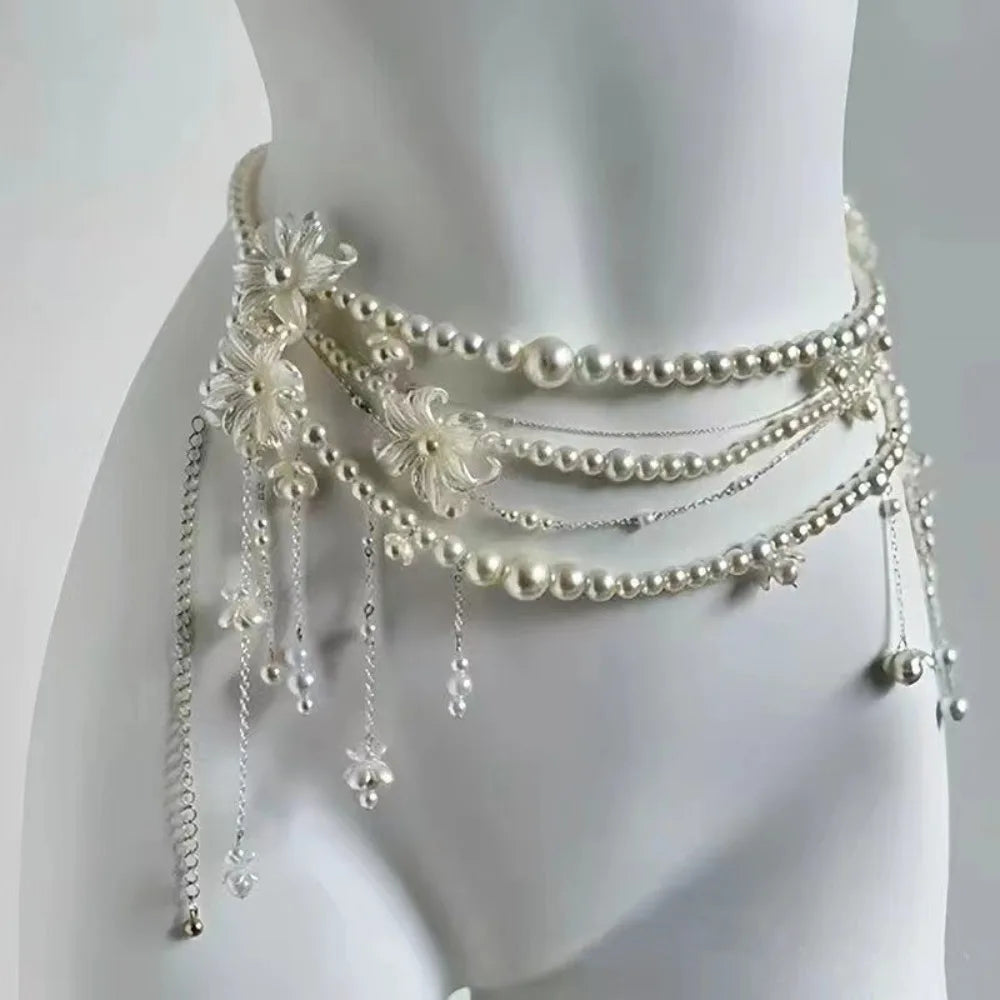 Fashion Retro Pearl Waist Chains Multilayer Jewelry Clothing Accessories Tassel Belt Versatile Elegant Waist Decorations Women Quake Flower style