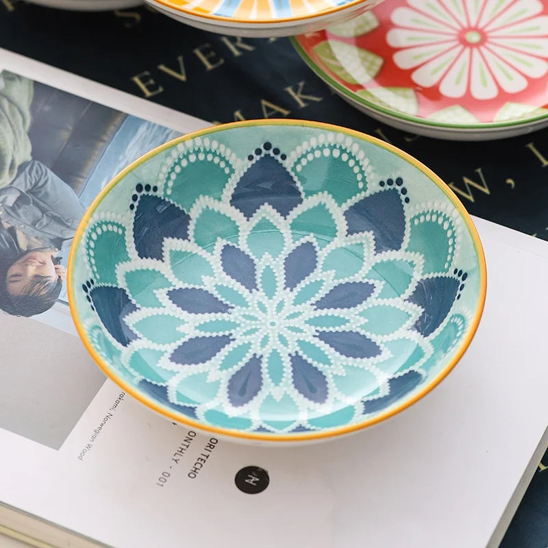 4pc Bohemian Ceramic Plate - Side Dish, Appetizer, Sauce, Bread, Pastry & Breakfast Plates, Safe for Dishwasher& Microwave Quake