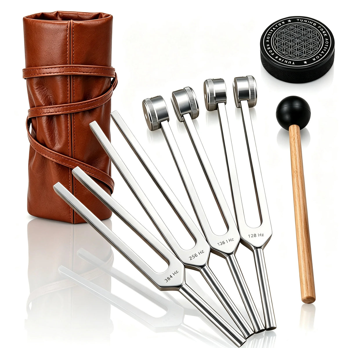 Resonance Sound Healing Tuning Forks Set 6PCS-128Hz, 136.1Hz, 256Hz, 384Hz with Activator for Stress Relief, Relaxation & Chakra Quake Silver