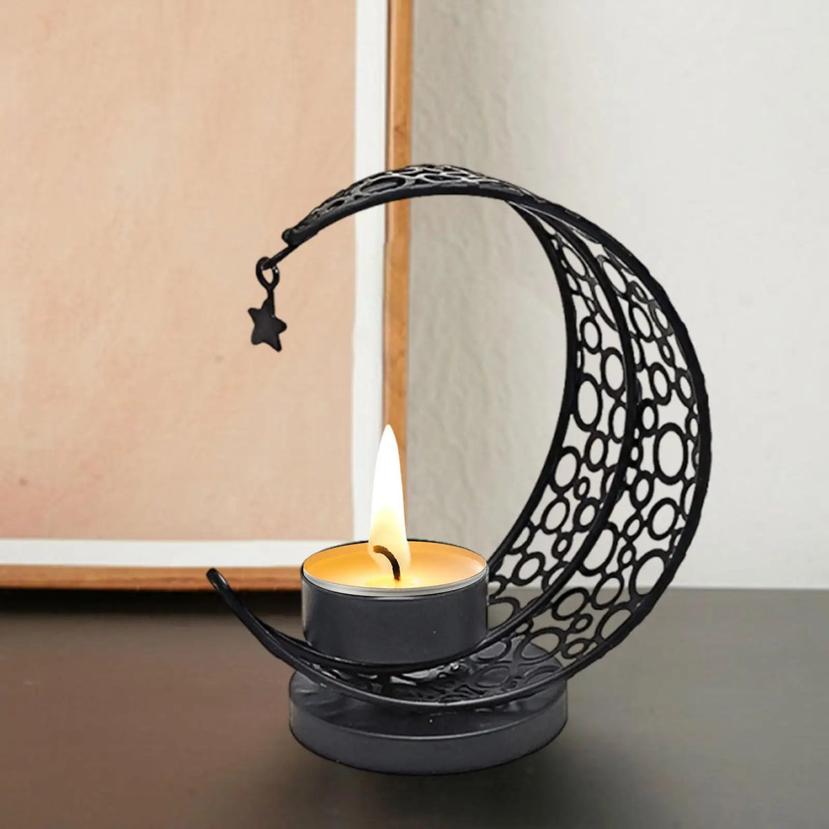 Moon Candle Holder Ornament Versatile Decorative Hollow Gifts Iron Candle Stand for Tabletop Anniversary Dining Room Quake Black
