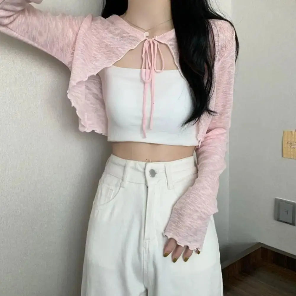 Thin Sunscreen Cardigan Ruffle Design Long Sleeve Sun Protected Polyester Sunscreen Clothing Short Coat Casual Women Quake