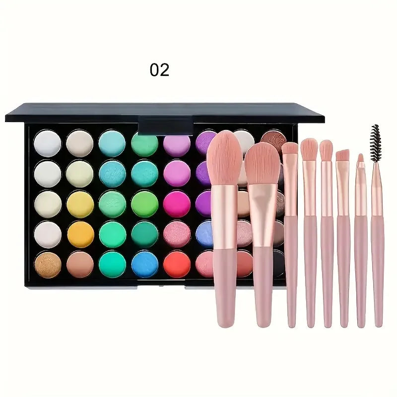 40Colors Glitter Eyeshadow Palette with Free 1Brushes Matte Waterproof Long Lasting Eyeshaow Powder Palette Cosmetics MakeUp Kit Quake 02 with 8Brushes