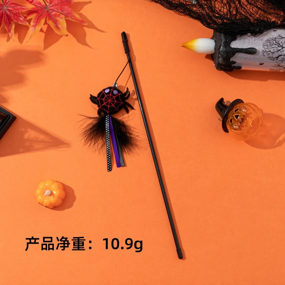Cat Toy Funny Cat Stick Halloween Pet Toy Pumpkin Ghost Spider Cat Toy Creative Interactive Indoor Toy Gift Pet Holiday Supplies Quake Black TM2101D