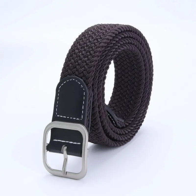 1pcs Unisex Woven Stretch Belts Fashion Square Pin Buckle Waistband for Casual Jeans Dress Daily Wear Quake coffee color about 105cm