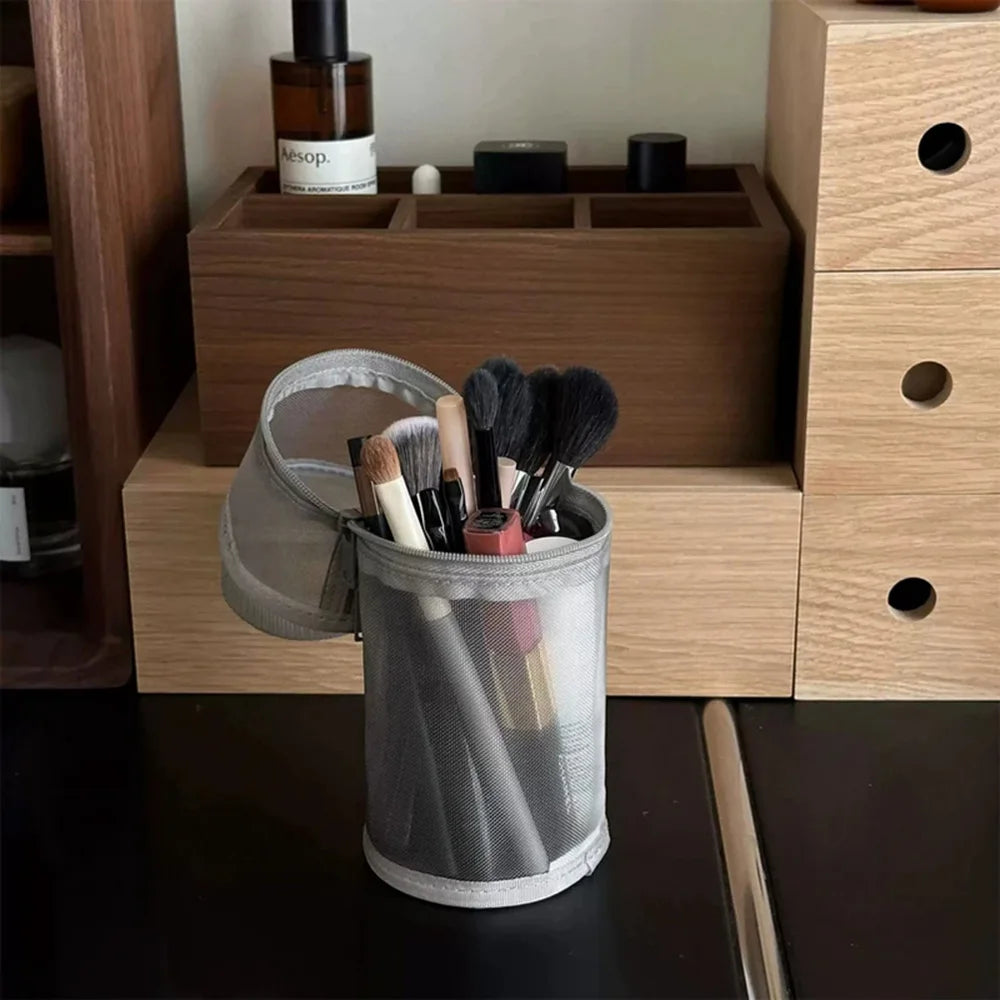 Mesh Dual-use Makeup Brush Storage Bag Portable Brush Case Simple Large Capacity Brush Bucket Holder Travel Stand-up Pouch Quake