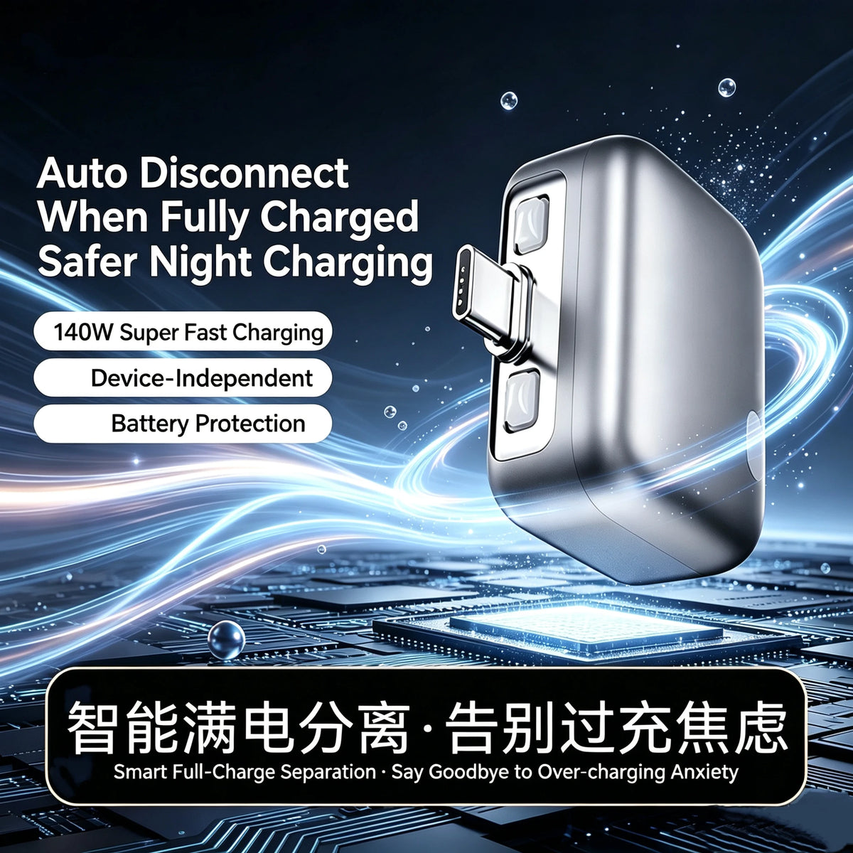 Type-C 140W Physical-Disconnect Battery Guard Anti-Overcharge Protection for Safe Overnight Charging Smart Auto Stop Charging Quake