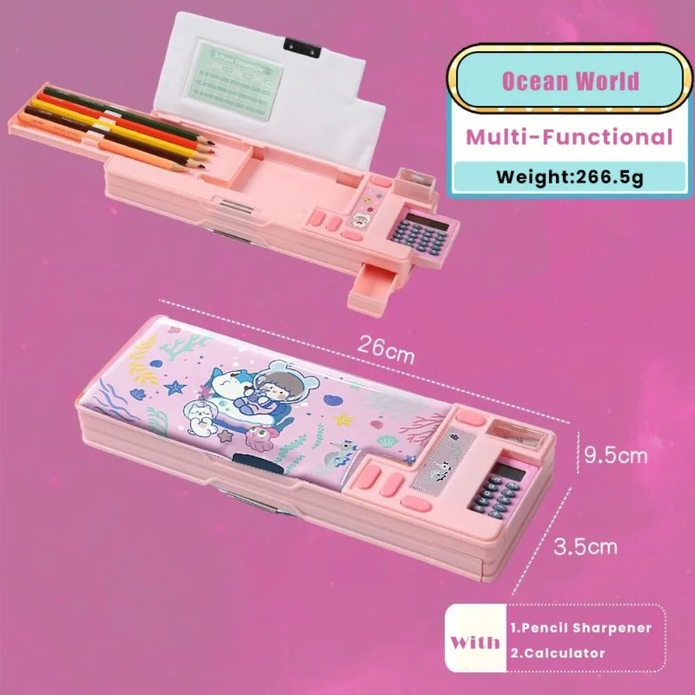Plastic Pencil Case Fun Mechanism Design Double Sided Use Stationery Storage Box Large Capacity With Calculator/Pencil Sharpener Quake Pink Ocean World
