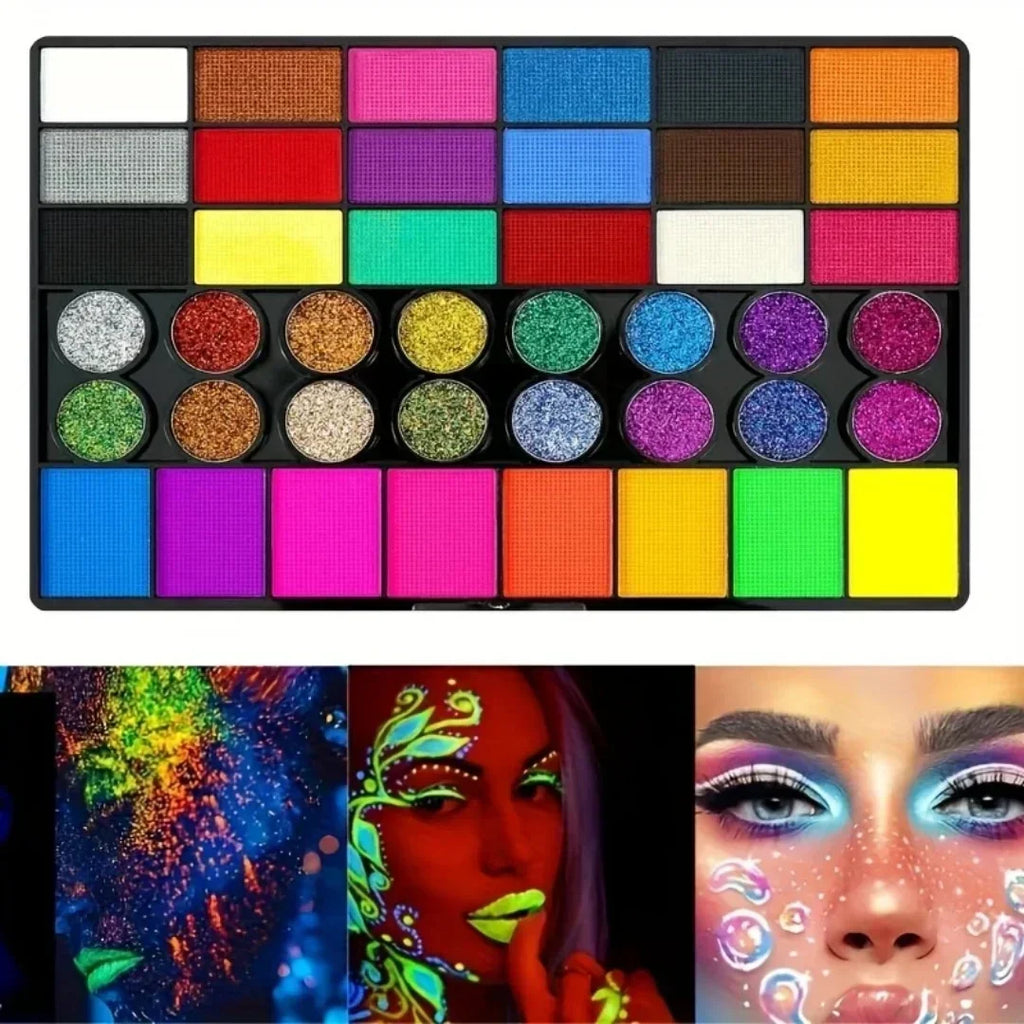 42 Colors UV Neon Face Paint Set Fluorescent Glitter Art Makeup Water Soluble Body Painting for Festivals Halloween Quake