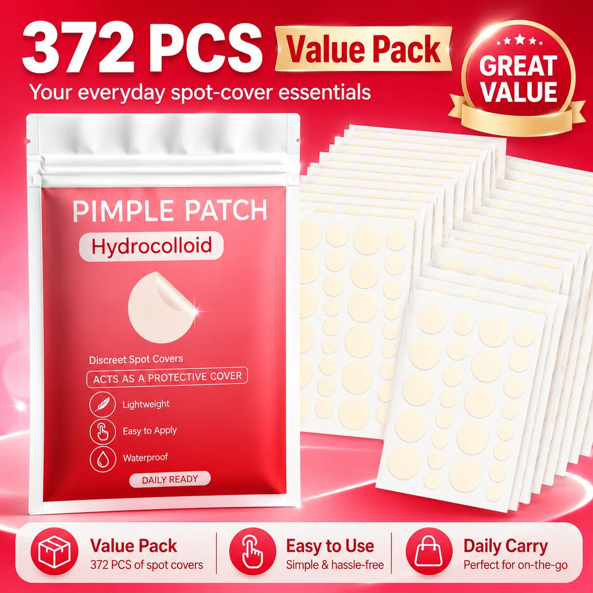 372pcs Hydrocolloid Acne Pimple Patch, Hydrocolloid Spot Stickers, Covering Zits and Defect, Nighttime Spot Stickers for Face Quake