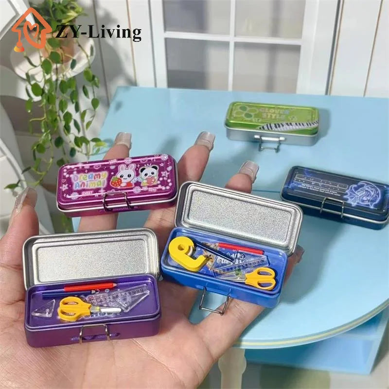 Dollhouse Miniature Double Layer Iron Pencil Box Pen Ruler Measuring Tape Scissors Model Micro Landscape Decor Pretend Play Toy Quake