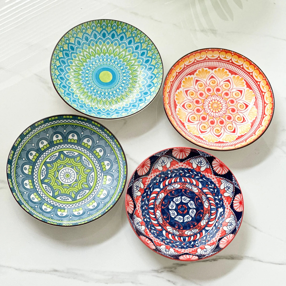 4-Piece Bohemian Pattern Ceramic Plate Set, 8.2 Inch/20.8cm, Multi-Use, Durable, Dishwasher & Microwave Safe Quake 4dishes