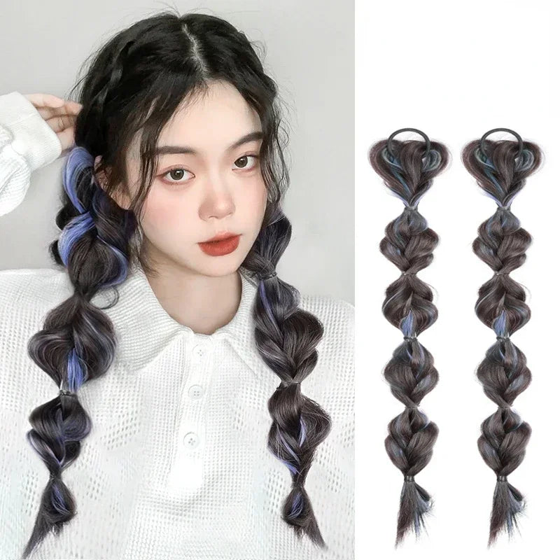 2 Pcs/set Synthetic Bubble Twist Ponytail High Elastic Wig Women Hair Side Natural Lantern Wig Braid Black Hous Tail Hairpiece Quake 2pcs haze blue