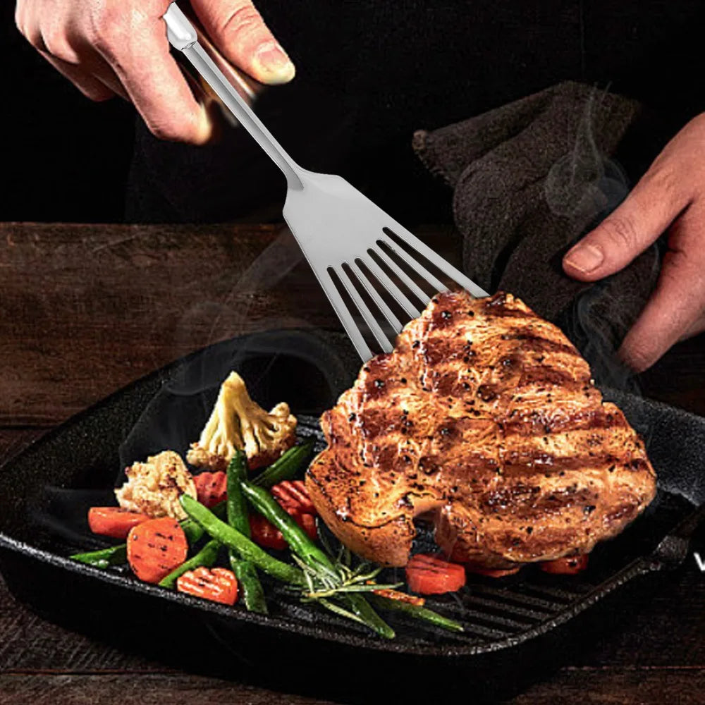 Stainless Steel Wood Handle Shovel Fried Fish Spatulas Steak Shovel Household Spoon Anti-hot Soup Spoon Kitchen Cooking Utensils Quake