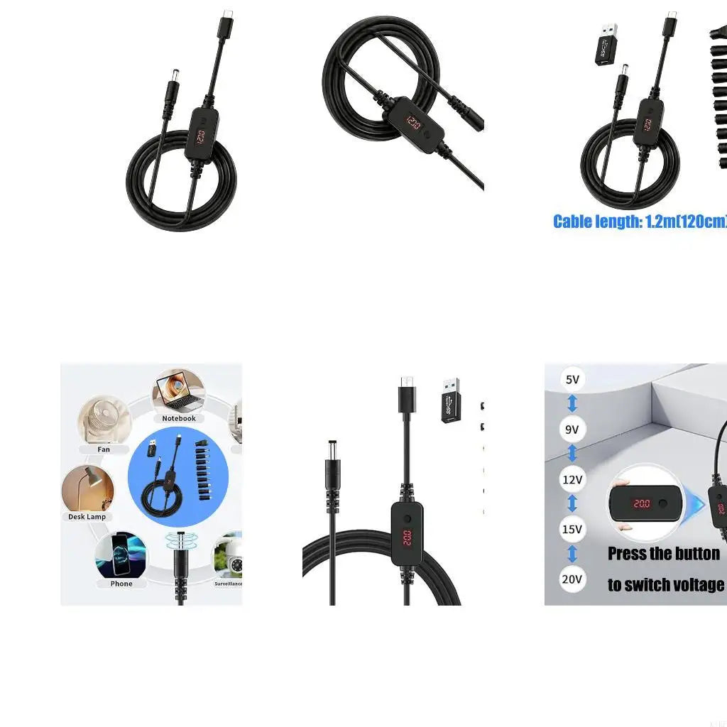 USB C to Round Tip Power Cable with Digital Readout, Voltages Adjustable 5V-20V Output for Worktable Electronics Use 120cm K1KF Quake