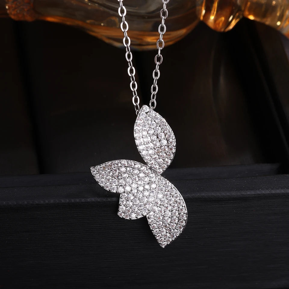 ZAKOL Luxury Full Shiny Micro Zircon Leaf Earrings&Necklace Set AAA CZ Symmetric Wedding Party Jewelry for Women Quake Silver Color Neck