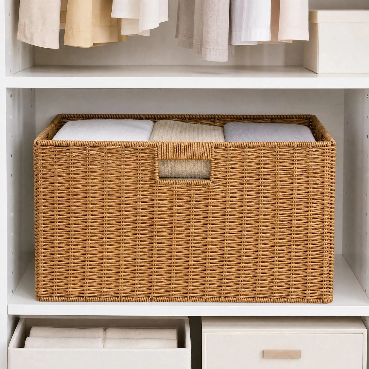 Woven Laundry Hamper No Assembly Required Rectangular Woven Basket with Steel Frame for Closet, Bedroom, Moving Quake