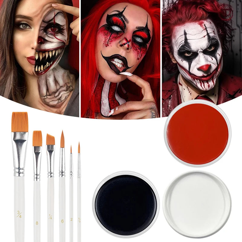 30g Black White Red Monochrome Body Paint Cosplay Face Paint Paste Halloween Party Waterproof Makeup Body Paint Set with Brushes Quake