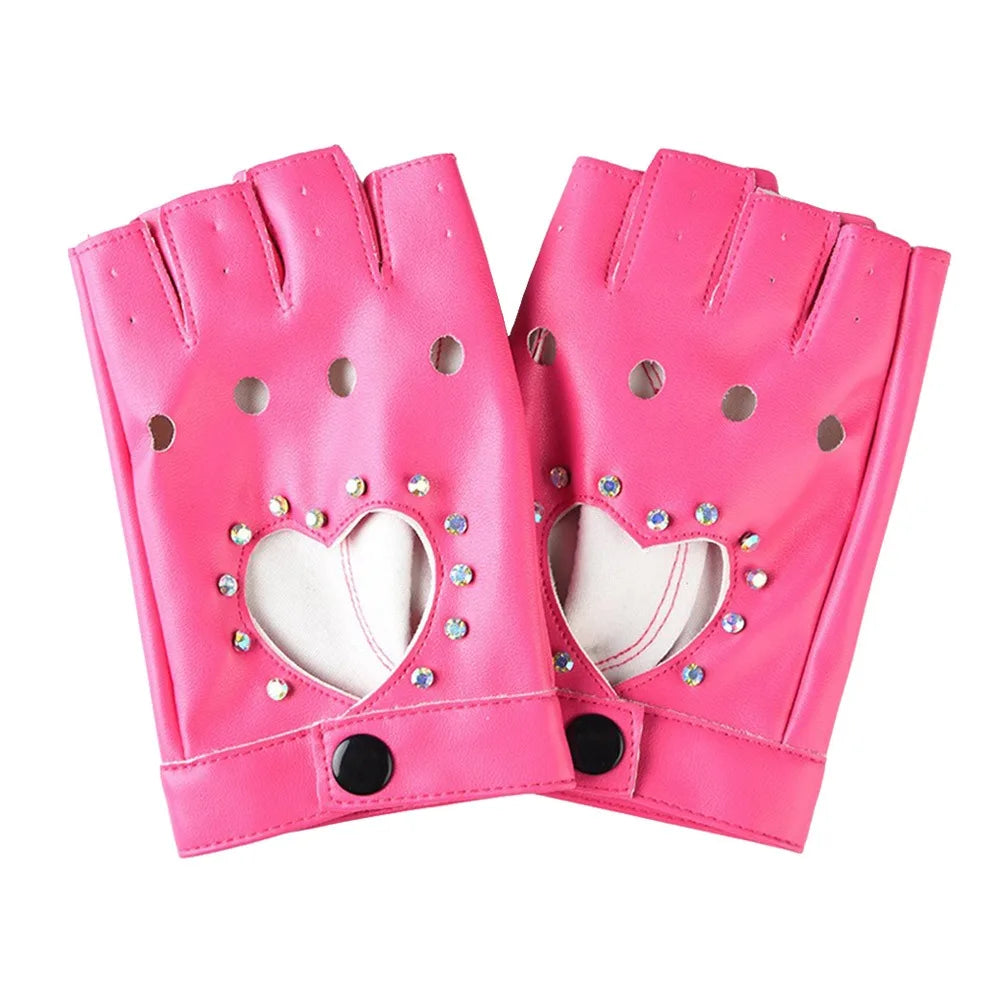 New Fashion PU Leather Fingerless Dance Glove Gothic lolita Jazz Style Driving Dress Performance Mittens Quake Rose Red Rhinestone