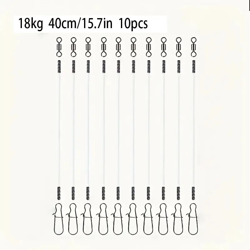 10pcs Heavy-Duty Fluorocarbon Fishing Leader Line with Swivel Clips - Low-Vis Anti-Bite Wire Leaders for Saltwater & Freshwater, Quake 18kg10pcs