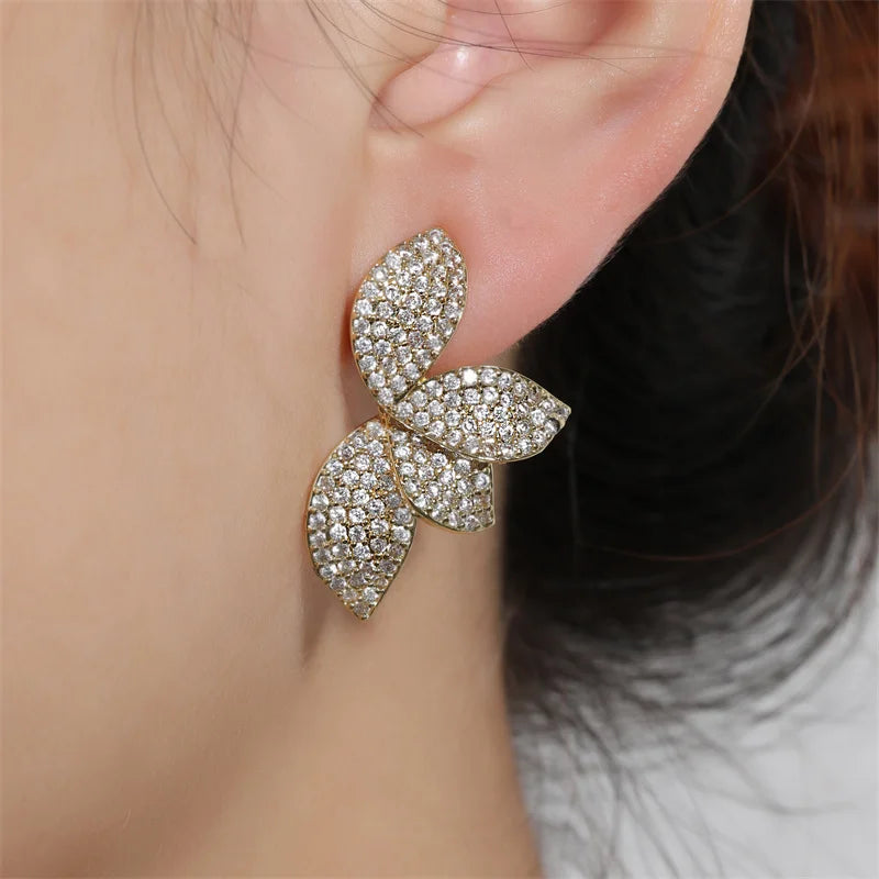 ZAKOL Luxury Full Shiny Micro Zircon Leaf Earrings&Necklace Set AAA CZ Symmetric Wedding Party Jewelry for Women Quake