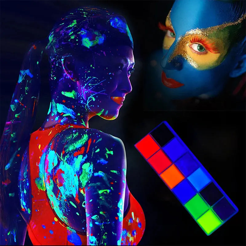 12-Color Vibrant UV Glow Face Paint Kit -Long-Lasting Oil-Neon Fluorescent Palette with Brushes Body Art Nighttime Face Painting Quake