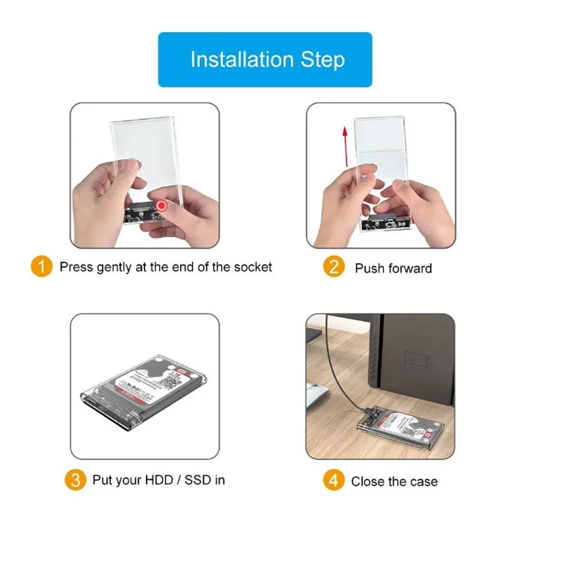 New USB C Type C 3.0/2.0 HDD Enclosure 2.5 inch SATA SSD Hard Drive Case Support 6TB Transparent Mobile External HDD Quake