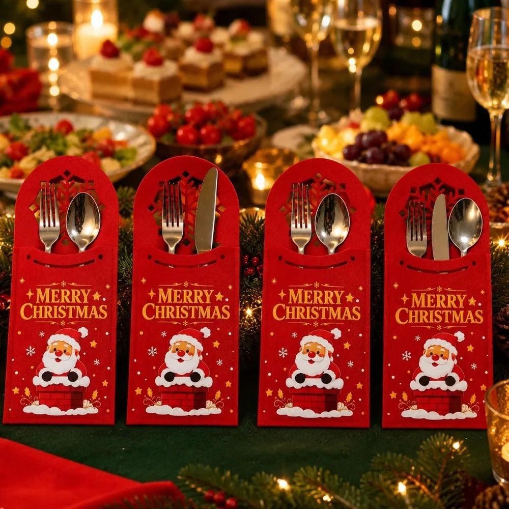 10/1PCS Felt Christmas Cutlery Holder Hollow Santa Claus Snowflake Pouch Xmas Fork Knife Spoon Bags Festive Table Decor Supplies Quake
