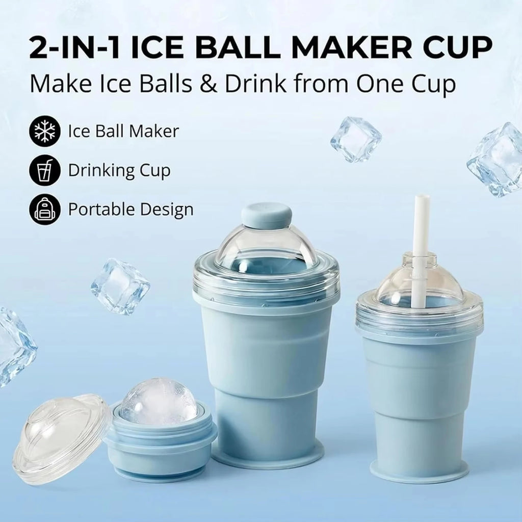 2-in-1 Collapsible Silicone Ice Ball Cup Reusable Portable Ice Sphere Mold with Straw Lid for Coffee Juice Drinks Quake