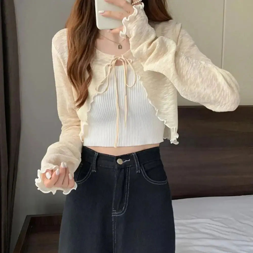 Thin Sunscreen Cardigan Ruffle Design Long Sleeve Sun Protected Polyester Sunscreen Clothing Short Coat Casual Women Quake