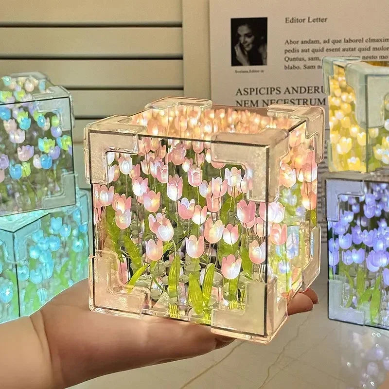 DIY Creative Tulip Flower Sea Cube 3D Small Night Lamp for Bedroom Handmade Craft Tulips for Girlfriend Couple Birthday Gift Quake