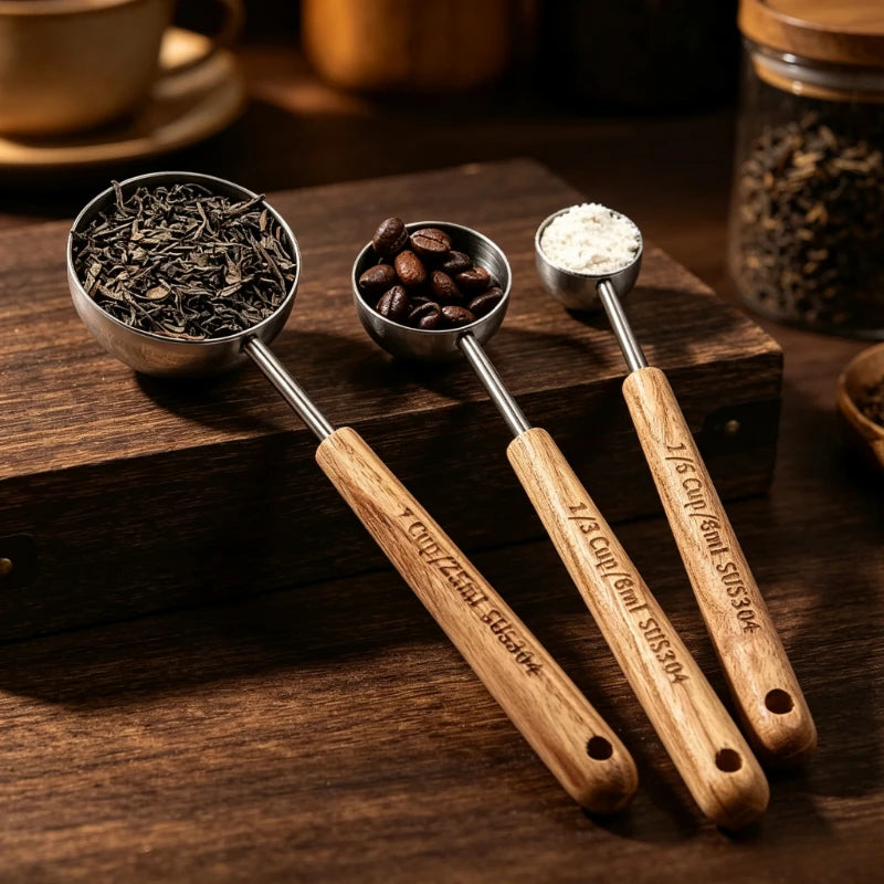 Wood‑Handle 304 Stainless Steel Measuring Spoon Scale Mark Coffee Powder Seasoning Baking Tool Measuring Spoon Quake