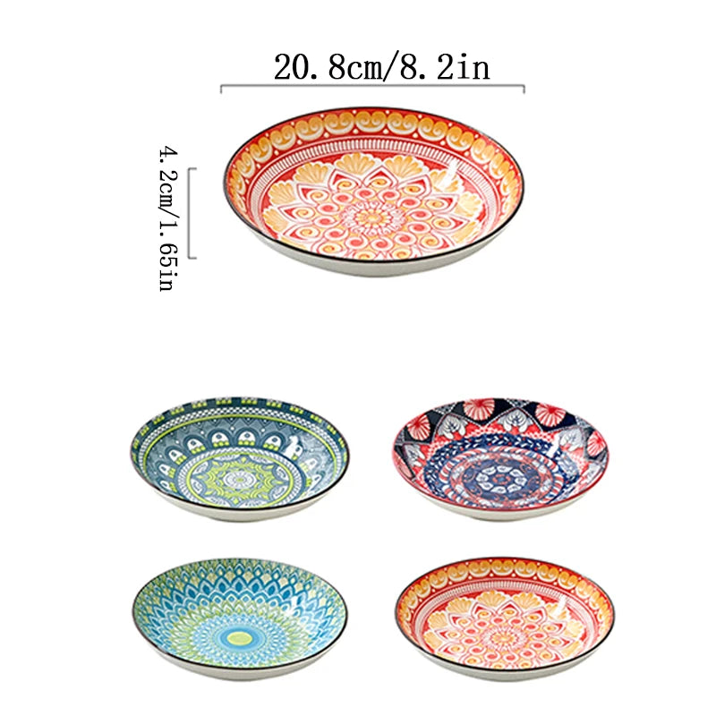 4-Piece Bohemian Pattern Ceramic Plate Set, 8.2 Inch/20.8cm, Multi-Use, Durable, Dishwasher & Microwave Safe Quake