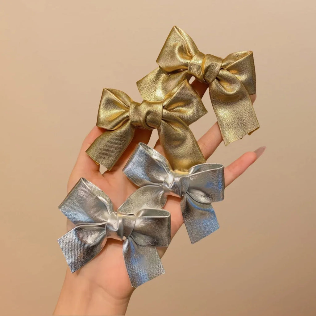 2pcs Gold Silver Bow Hair Side Clips Fashion Sweet Duckbill Clips Hair Styling Accessories Suitable for Women Girls Daily Wear Quake