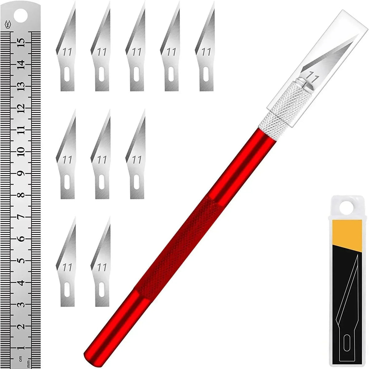 vvocci Exacto Hobby Blade Set with 11 Replacement Blades & Ruler – Precision Cutting Tool Quake M264 Red 10 blade