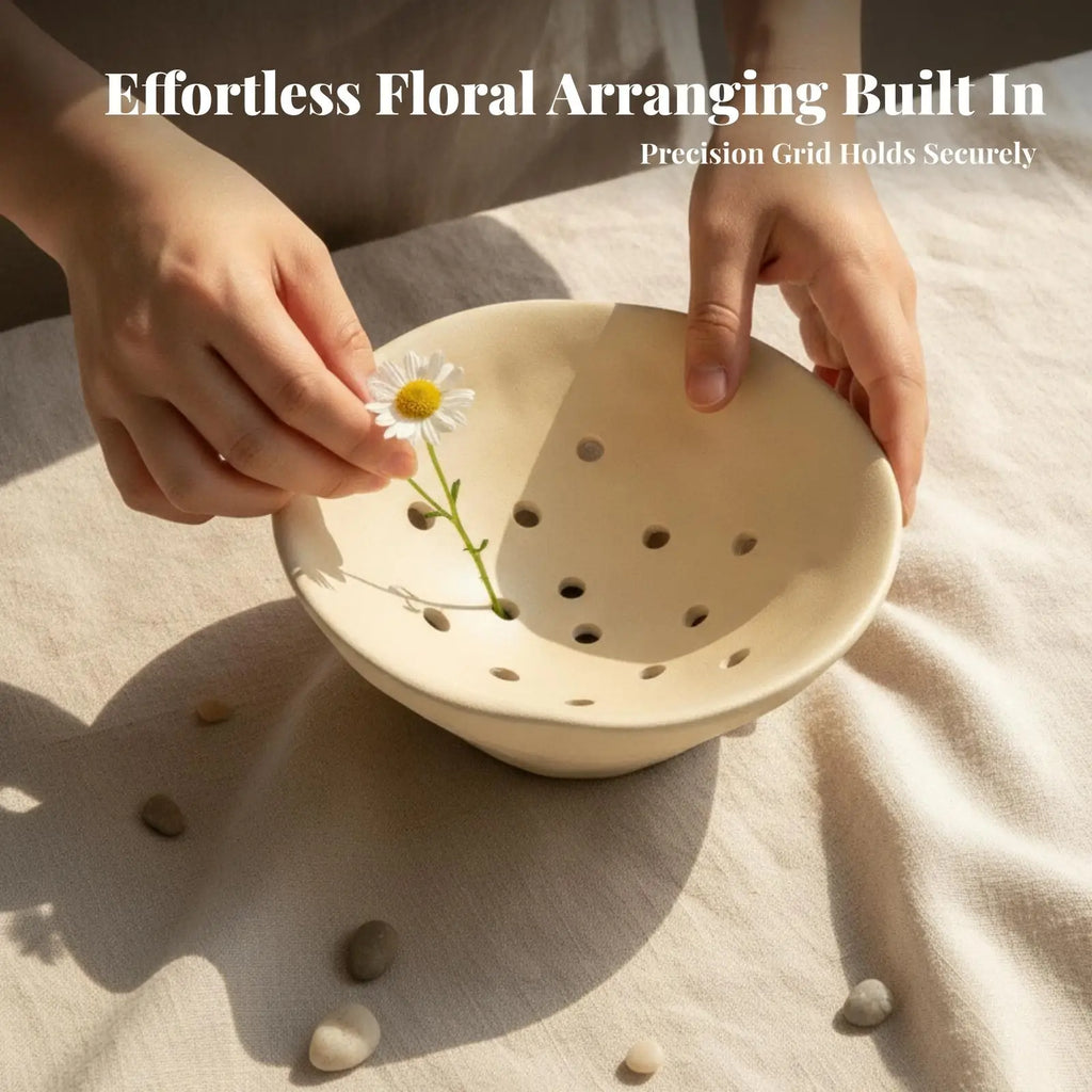 Elegant Ceramic Flower Vase with Perforated Insert for Low Profile Bouquets Living Room Table Decor Quake