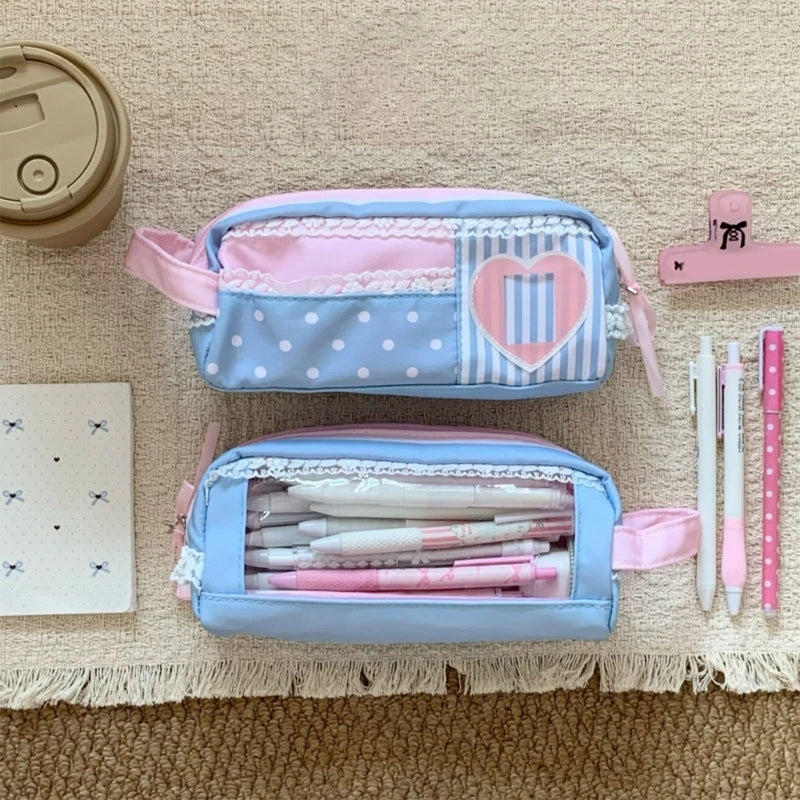 Pencil Soft Polyester Pen Case with Zippers Closure, Pink Blue Patchwork Stationeries Bag for Students and Homework K1KF Quake