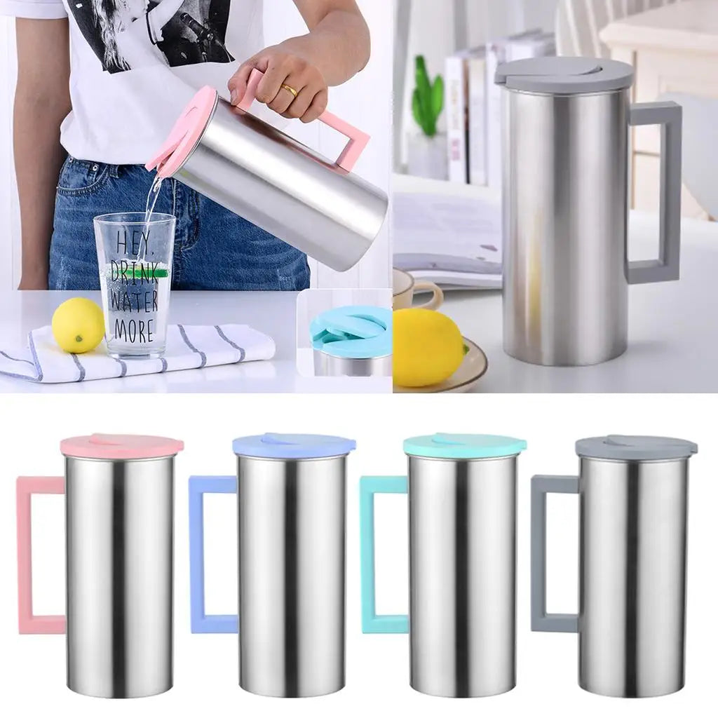 Stainless Steel Drinks Pitcher 1.8L Pink Iced Tea Jug Durable Easy Pour Handle for Restaurant Cafe Home Serving Quake