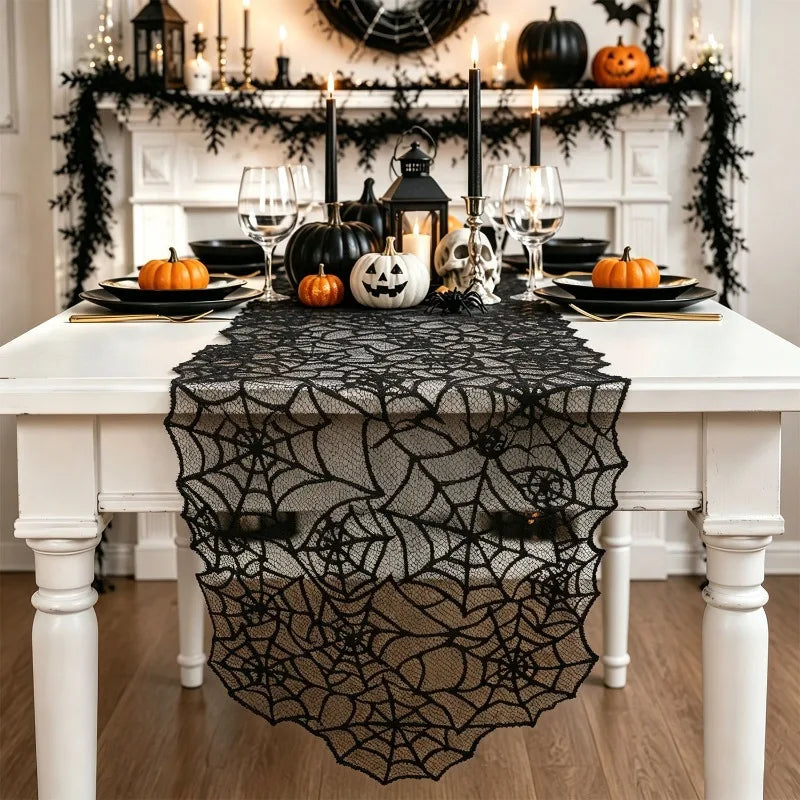 Lace Spider Web Halloween Table Runner Embroidered Table Cover Festive Table Decoration for Themed Party Supplies Quake