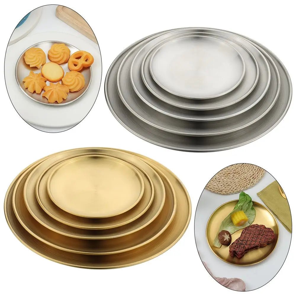 14/17/20/23/26CM Stainless Steel Bone Spitting Dish Gold Silver Shallow Tray Metal Dining Disc Round Plate Dessert Tableware Quake
