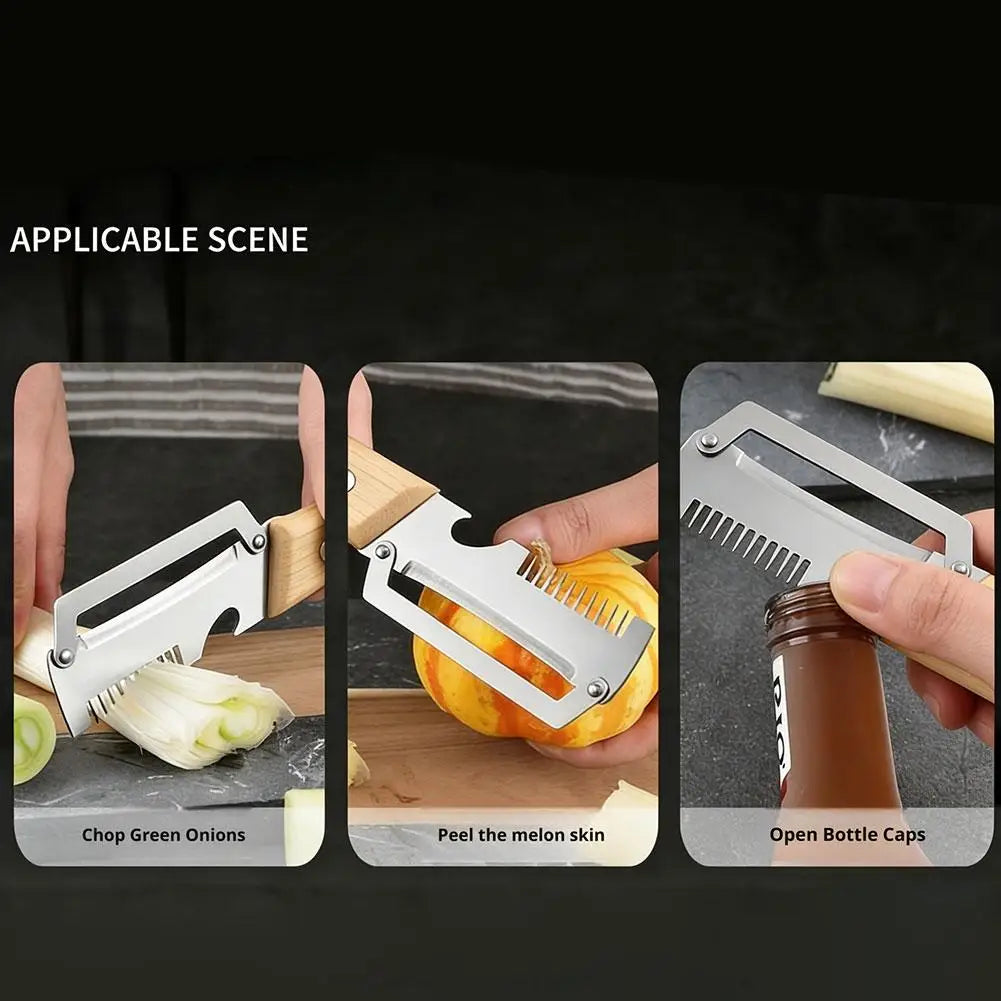 Stainless Steel Scallion Shredder Multifunction Kitchen Peeler Squid Cutter Onion Slicer with Wooden Handle Quake