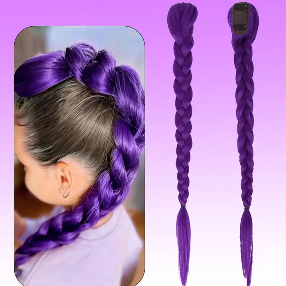 Purple Braided Ponytail Hair Extension for Kids Clip In Long 26 Inch Synthetic Braid for Halloween Christmas Party Cosplay Quake