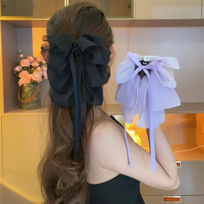 Korean Mesh Bowknot Hair Claw Sweet Ribbon Bow Hairpin Bang Clip Korean Girls Fashion Grab Clip Female Headwear Hair Accessories Quake