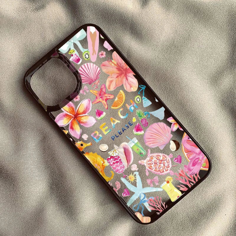 Tropical Summer Beach Clear Case for iPhone 16 12 13 mini 11 14 15 Pro Max XR 7 8 Plus Seashell Hibiscus Fruit shockproof Cover Quake style 1 For iPhone 16 Pro Max