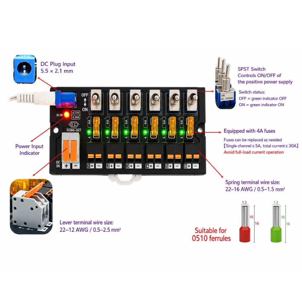 DC Power Distributor Module 2~16 Ways Toggle Switch Built-in Fuse LED Indicator Power Supply Splitter Quake