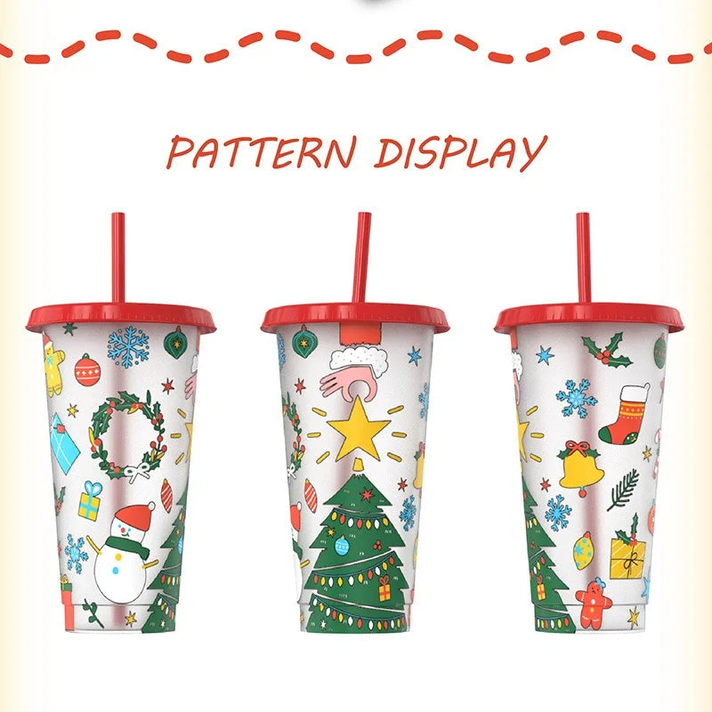 24 Oz Coffee Straw Cup Reusable Christmas Color Changing Cup with Lid Plastic Cold Bucket Party Drink Cup Quake