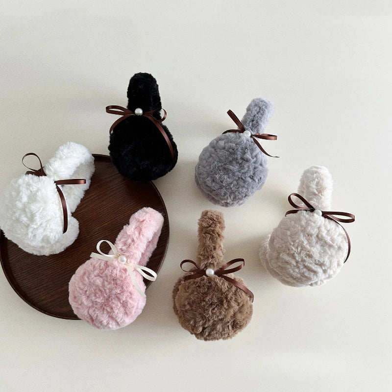 1pc Winter Warm Sun Pearl Bow Plush Earrings Female Students Windproof Ear Protection Warm Earrings Quake