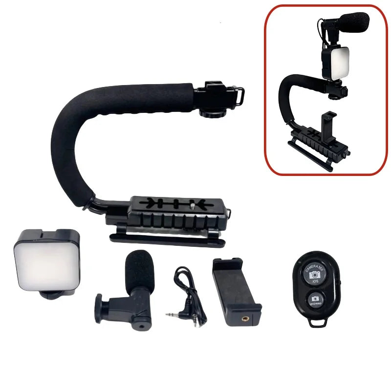 U C Shaped Holder Grip Video Handheld Stabilizer with Fill light,Phone Holder,Mic,Remote Control for SLR Cameras Home DV Came Quake