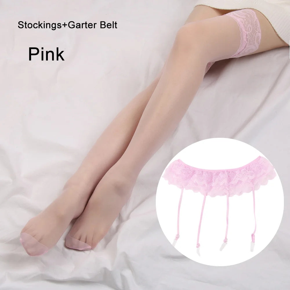Womens Sexy Hot Lace Top Thigh-Highs Stockings Socks+Suspender Garter Belt Quake Pink